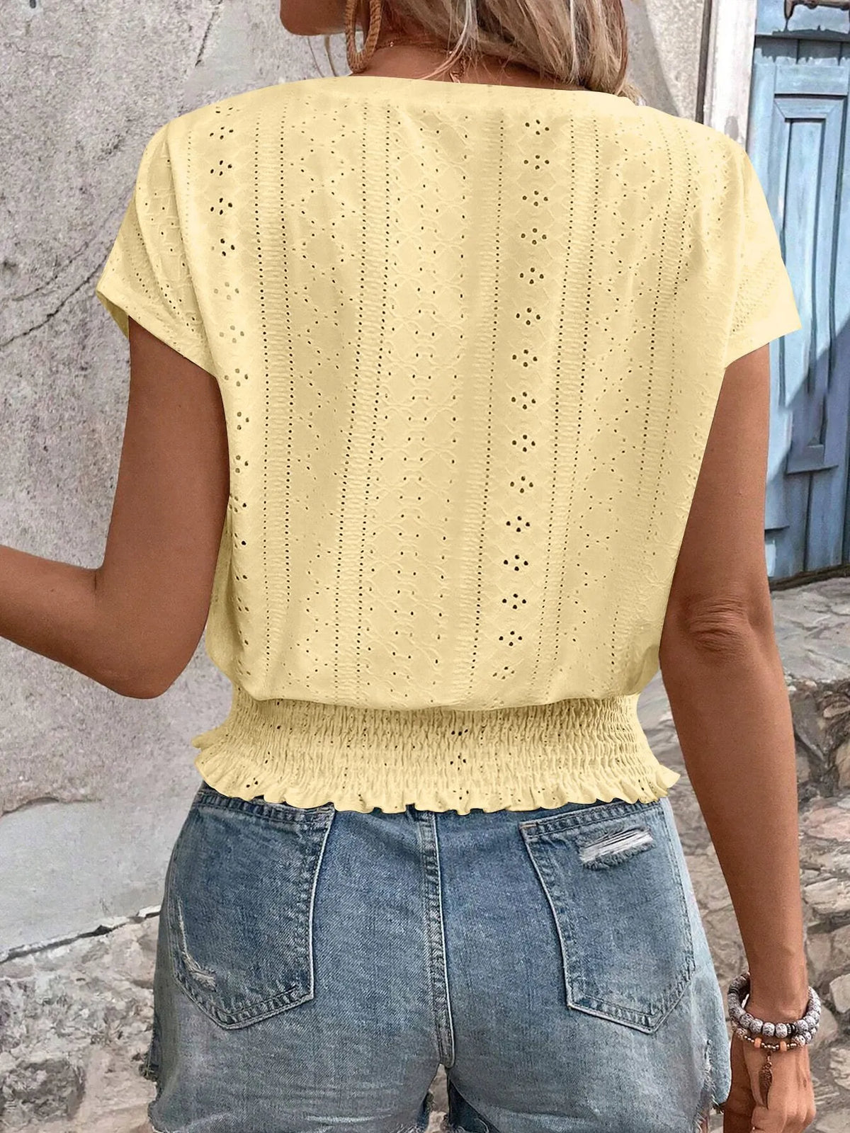 Eyelet V-Neck Short Sleeve Blouse - Ladyez
