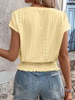 Eyelet V-Neck Short Sleeve Blouse - Ladyez