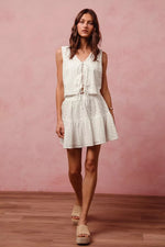 SO ME Floral Eyelet Lace Tie Front Vest Top and Tiered Mini Skirt Set