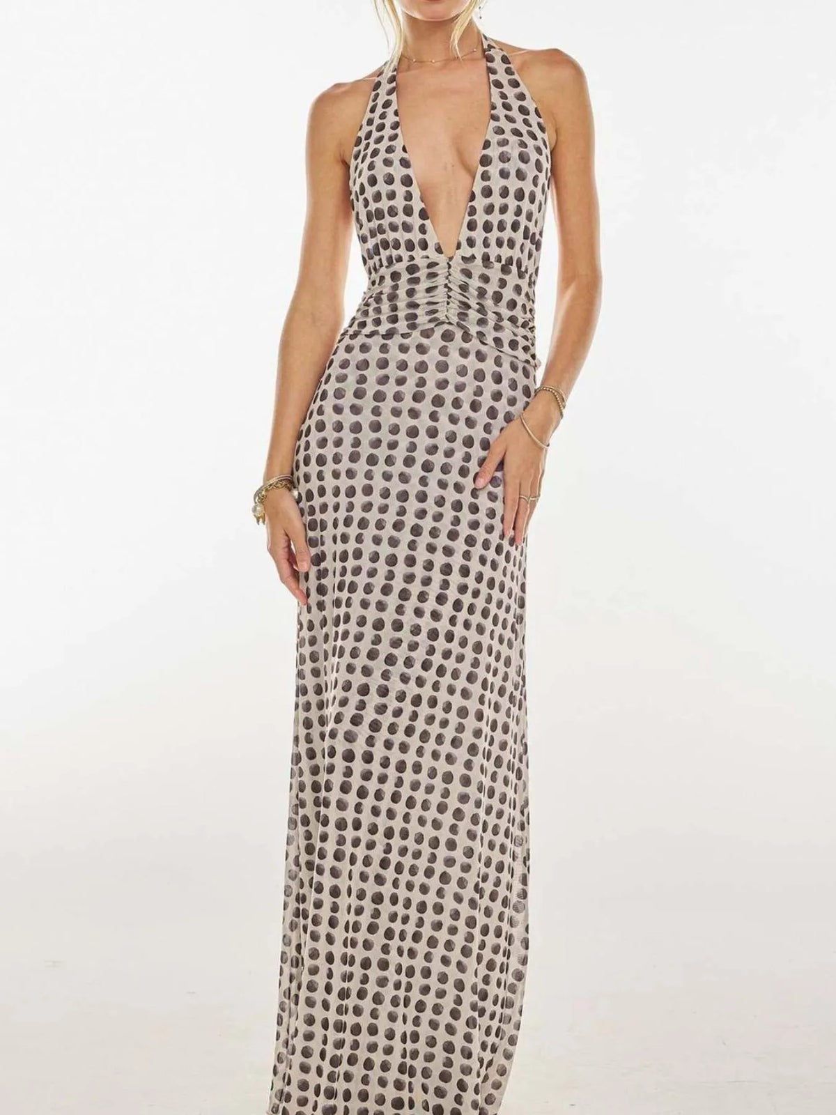 Floral Halter Neck Deep V Maxi Dress - Ladyez
