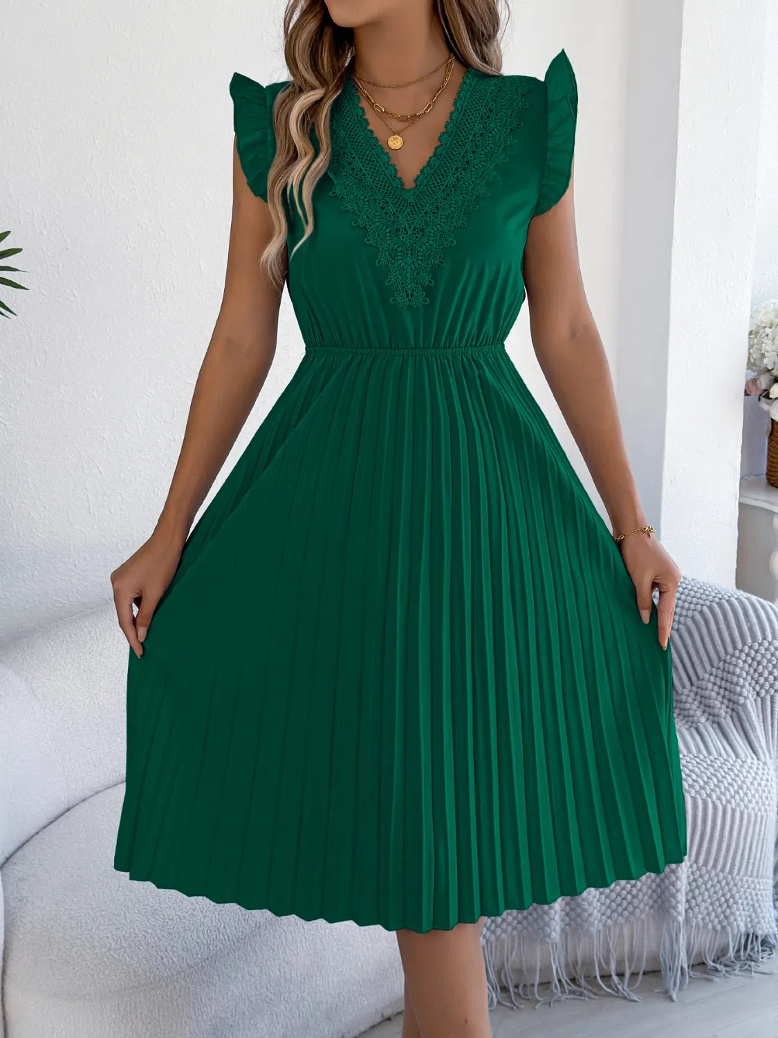 Lace Detail Ruffled Cap Sleeve Pleated Dress