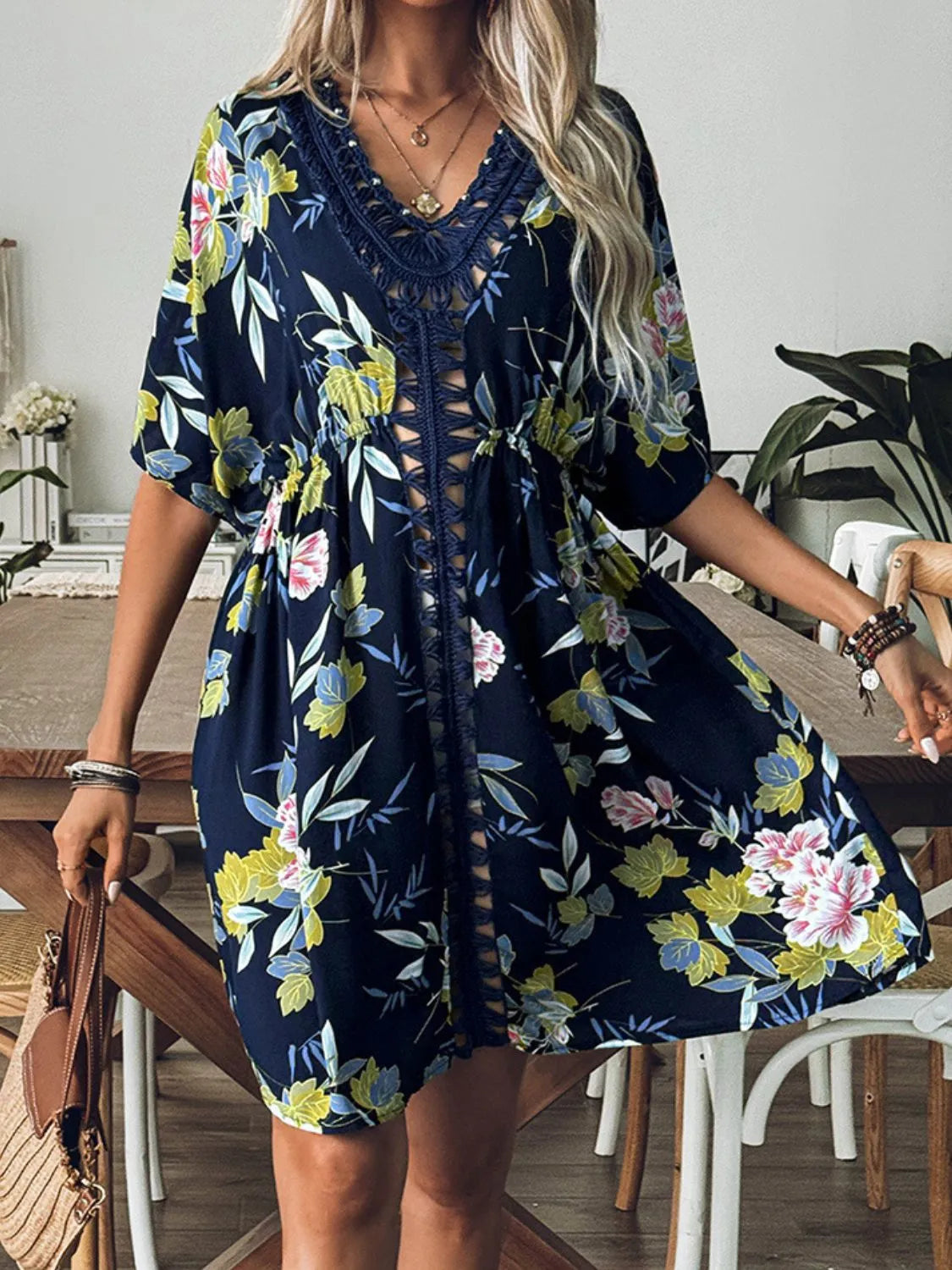 Crochet Front V-Neck Printed Cover-Up - Ladyez