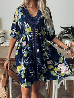 Crochet Front V-Neck Printed Cover-Up - Ladyez