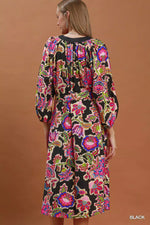 Umgee Abstract Print Embroidered Belted Midi Dress