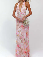 Floral Halter Neck Deep V Maxi Dress - Ladyez
