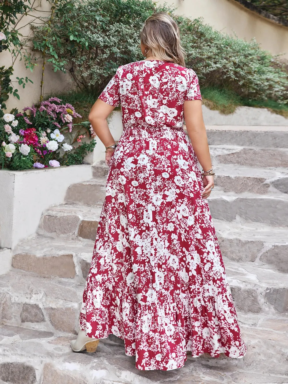 Plus Size Slit Printed V-Neck Maxi Dress - Ladyez