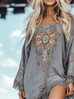 Fringe Hem Long Sleeve Mini Dress