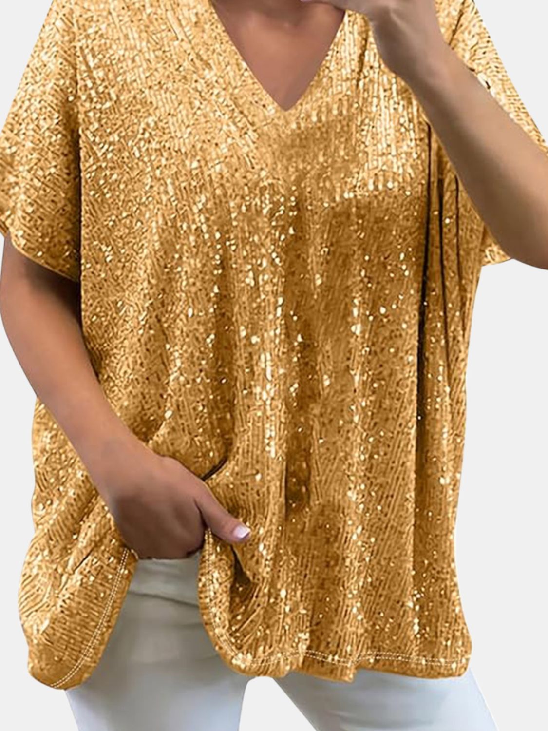 Full Size Sequin V-Neck Short Sleeve Top - Ladyez