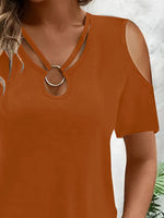 Cold Shoulder T-Shirt with Metal Ring Detail - Ladyez