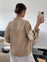 Embroidered Notched Long Sleeve Blouse