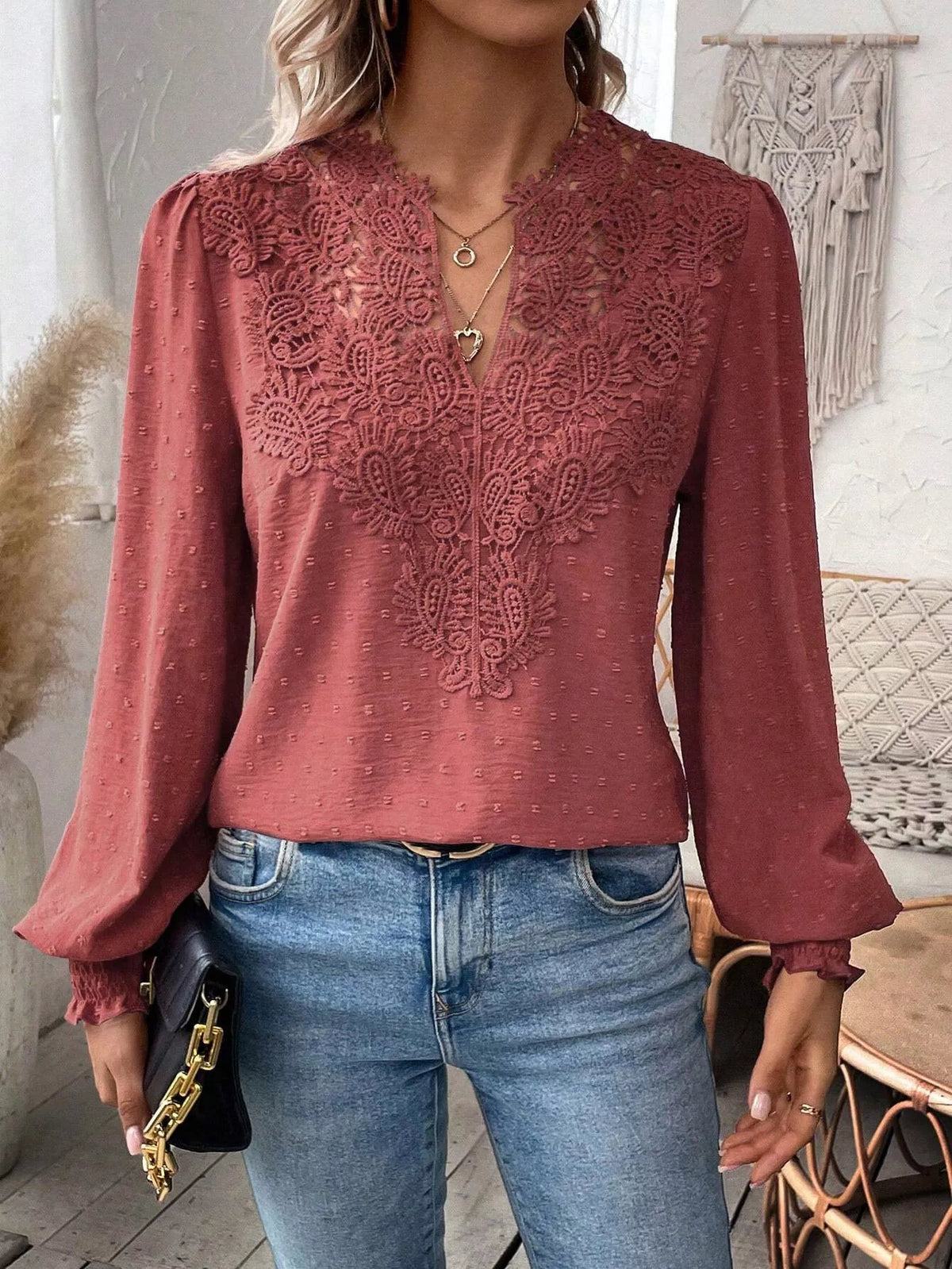 Swiss Dot Lace Detail Long Sleeve Blouse