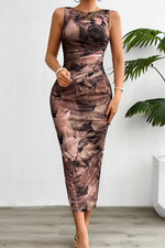 Printed Ruched Slit Sleeveless Midi Dress - Ladyez