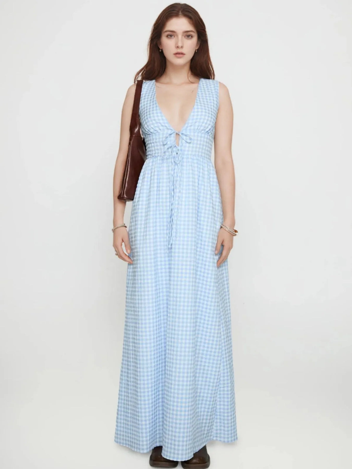 Plaid Tie Front Sleeveless Maxi Dress - Ladyez