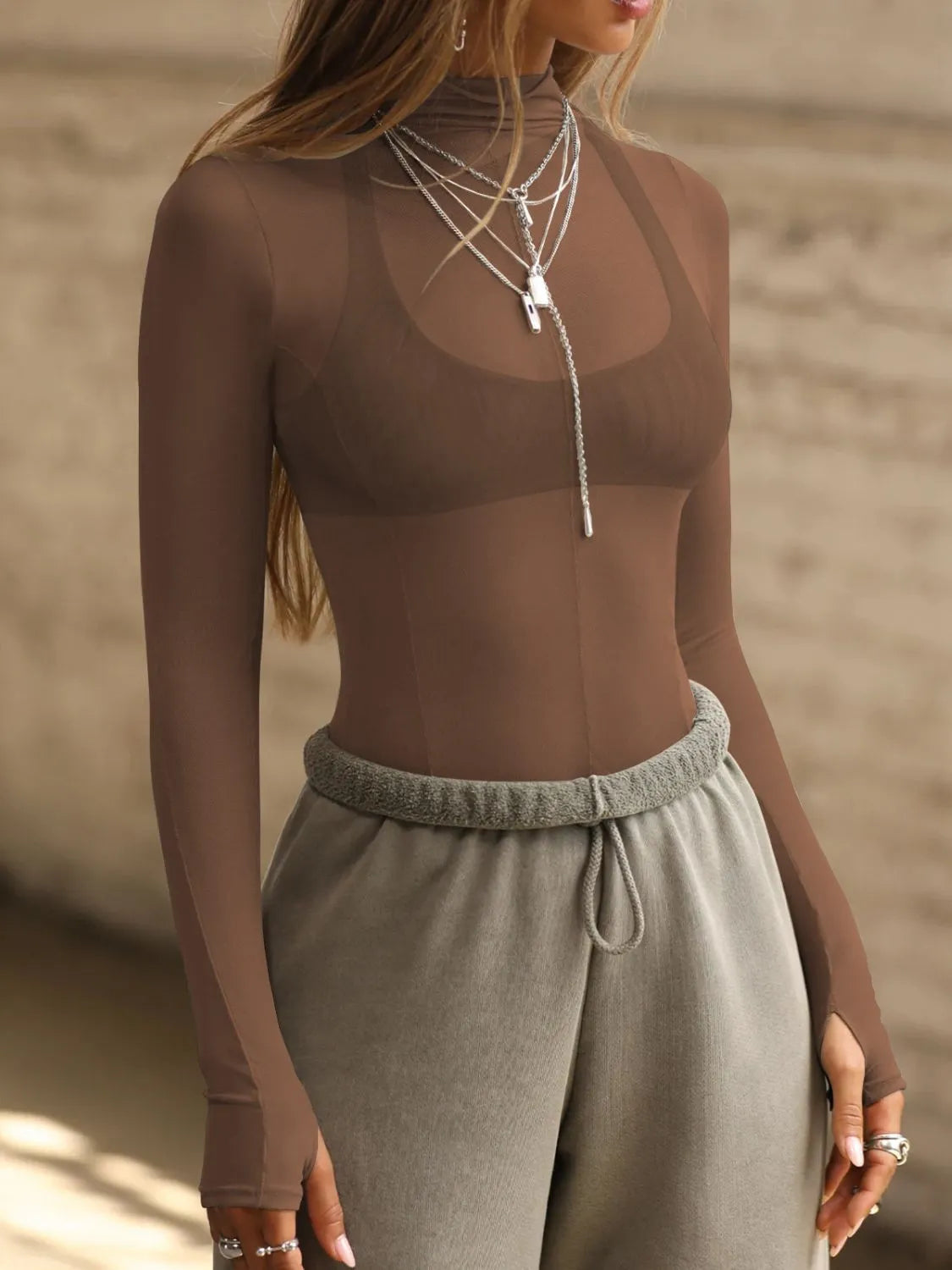 Mock Neck Long Sleeve Sheer Top - Ladyez