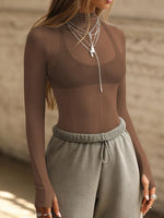 Mock Neck Long Sleeve Sheer Top - Ladyez