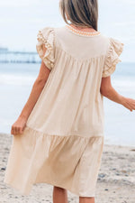 Floral Embroidery Pom Pom Ruffle Sleeves Mini Dress