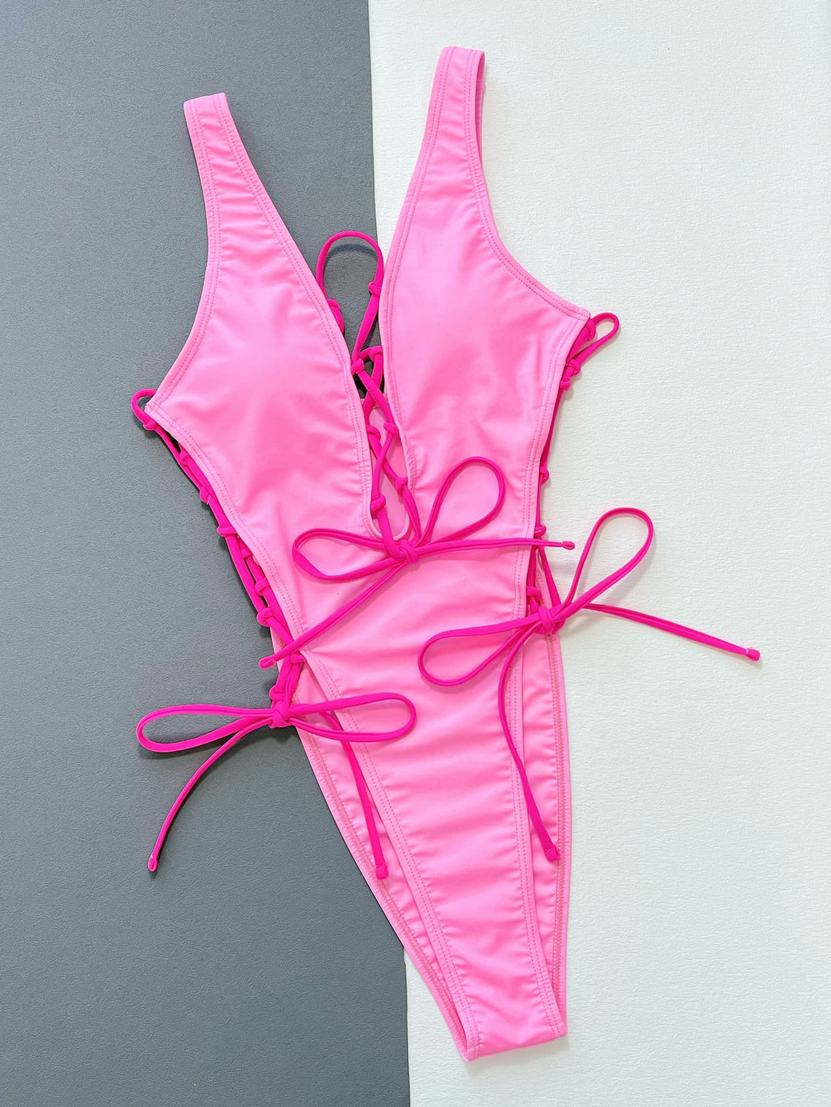 Lace-Up Deep V Sleeveless One-Piece Swimsuit - Ladyez