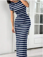 Striped Round Neck Bodycon Maxi Dress