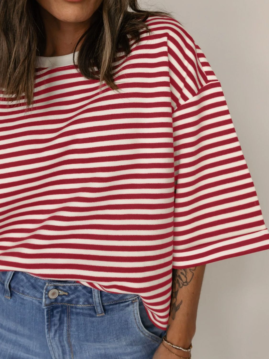 Stripe Bow Decor Cutout Drop Shoulder Top - Ladyez