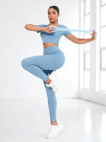 Round Neck Short Sleeve Top and Leggings Active Set - Ladyez