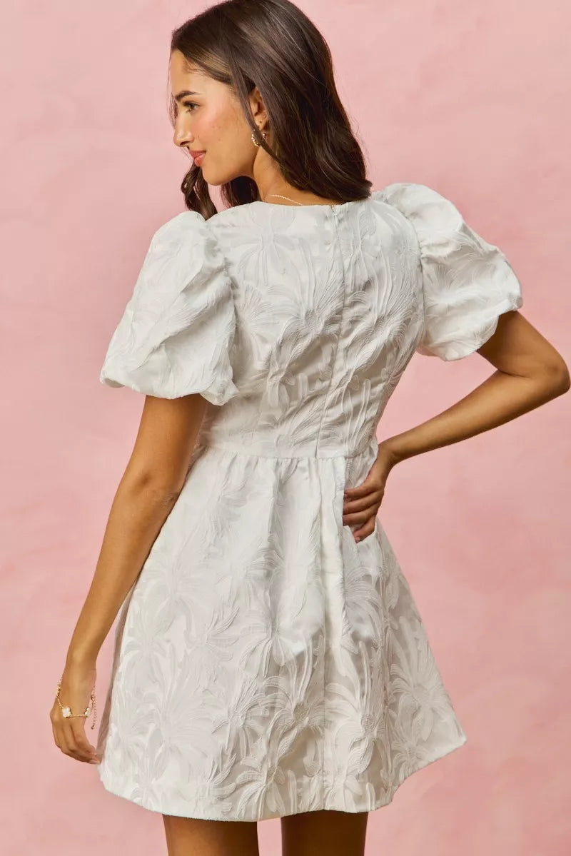 SO ME Floral Jacquard Bubble Shorts Sleeves Mini Dress