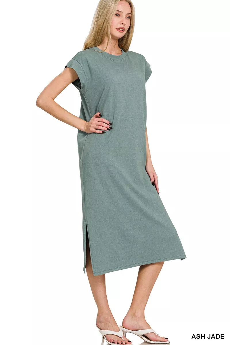 Zenana Round Neck Side Slit Midi Dress