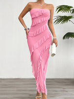 Devine Ruffled Slit Back Tube Maxi Dress - Ladyez