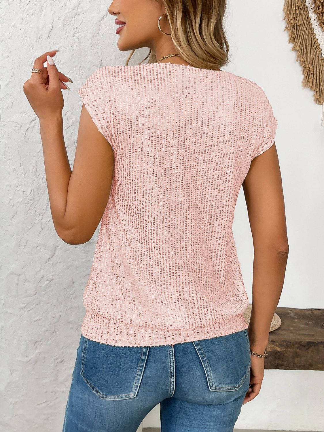 Sequin V-Neck Cap Sleeve Top - Ladyez