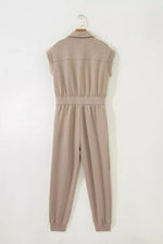 Solid Color Zip Front Short Sleeve Collared Jumpsuit