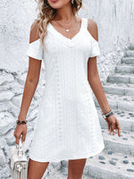 Cold Shoulder Short Sleeve Eyelet Mini Dress - Ladyez