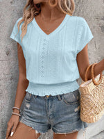Eyelet V-Neck Short Sleeve Blouse - Ladyez