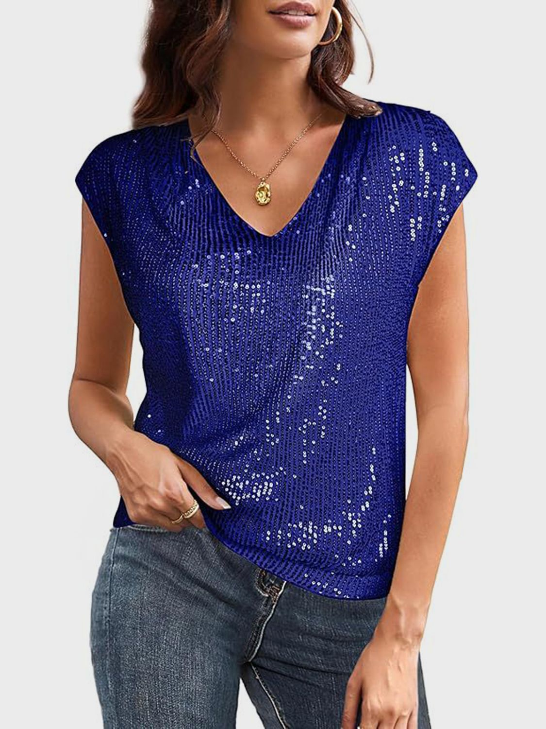 Sequin V-Neck Cap Sleeve Top - Ladyez