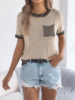 Striped Trim Short Sleeve Knit Top with Striped Chest Pocket