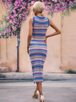 Striped Round Neck Sleeveless Midi Cover Up Dress - Ladyez