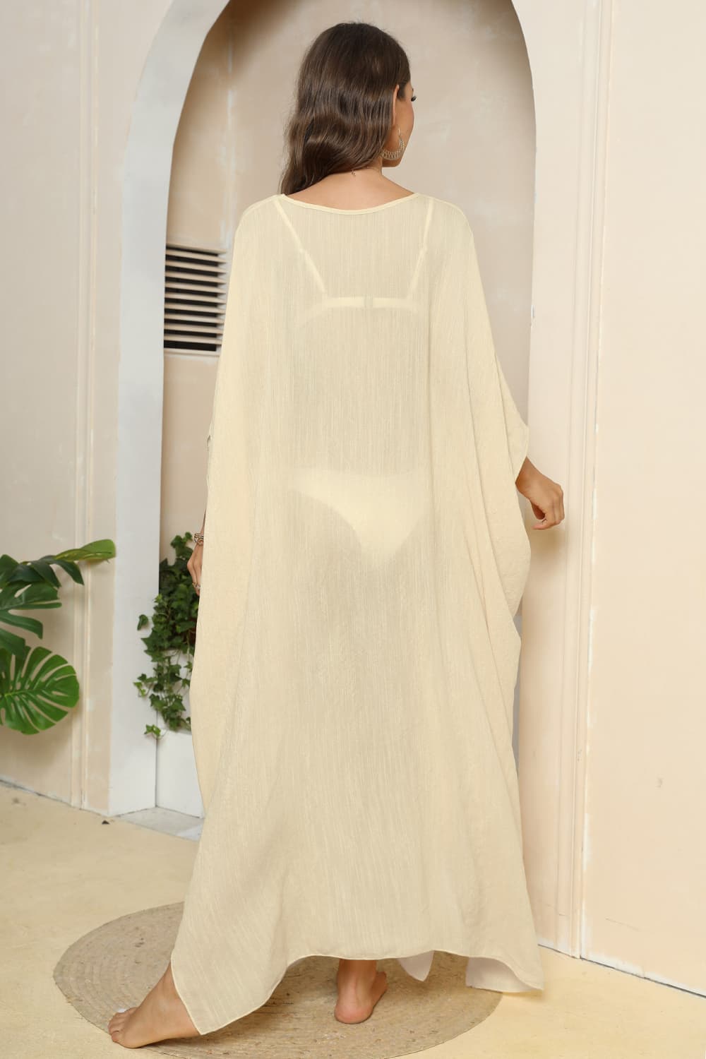 V-Neck Three-Quarter Sleeve Cover-Up - Ladyez
