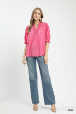 Umgee Textured Check Ruffle V-Neck Blouse