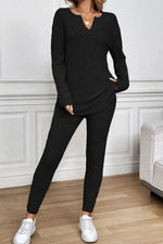 Notched Long Sleeve Top and Pants Set