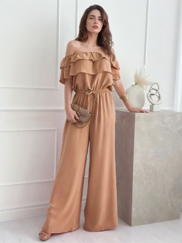 Ruffled Off-Shoulder Wide Leg Jumpsuit - Ladyez