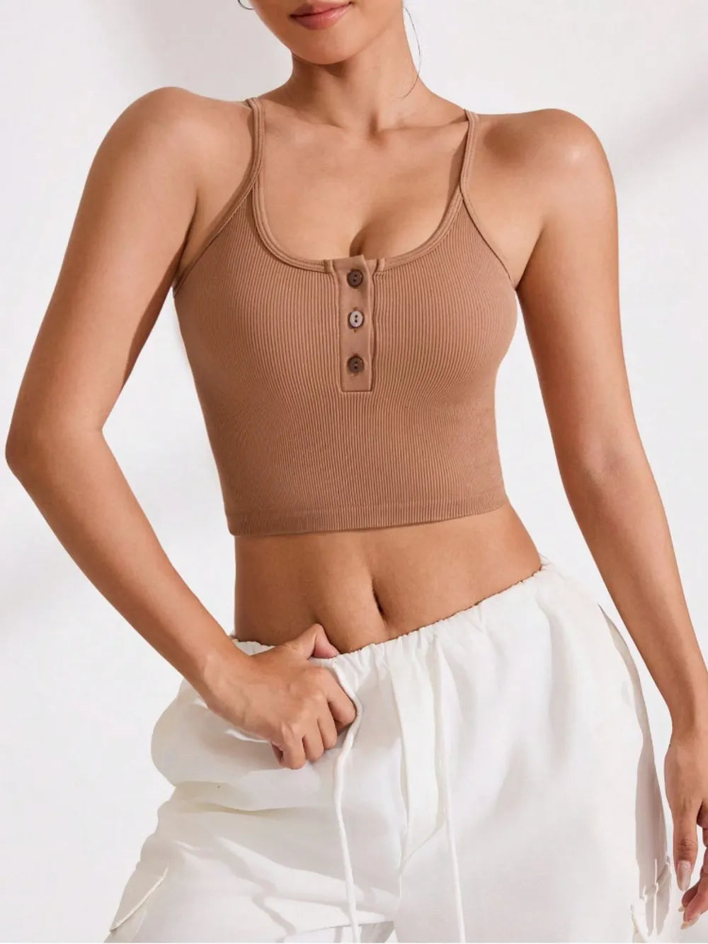 Ribbed Half Button Cropped Active Cami - Ladyez