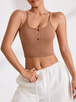 Ribbed Half Button Cropped Active Cami - Ladyez