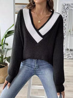 Contrast Trim V-Neck Ribbed Sweater