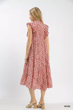 Umgee Leaf Print Tiered Midi Dress with Ruffle Detail
