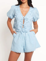 Lace Detail V-Neck Top and Shorts Set - Ladyez