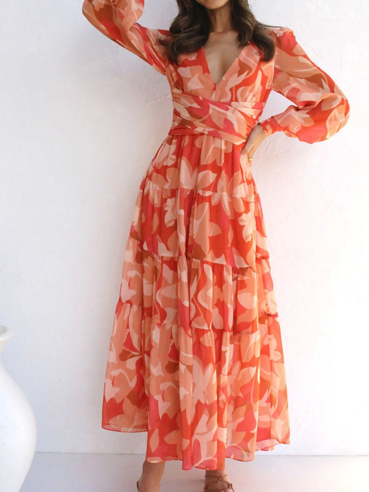 Floral Print Lantern Sleeve Maxi Dress - Ladyez