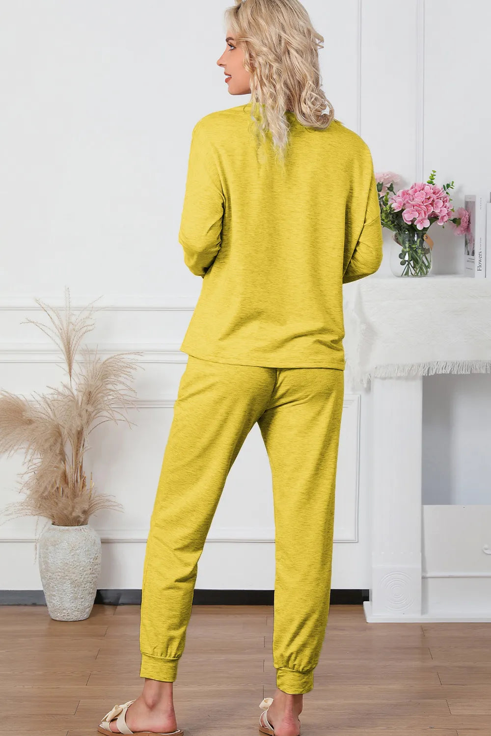 Round Neck Top and Drawstring Pants Lounge Set - Ladyez