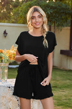 Round Neck Short Sleeve T-Shirt and Drawstring Shorts Lounge Set - Ladyez