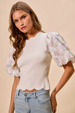 SO ME Floral Cotton Contrast Sleeves Scallop Sweater Top