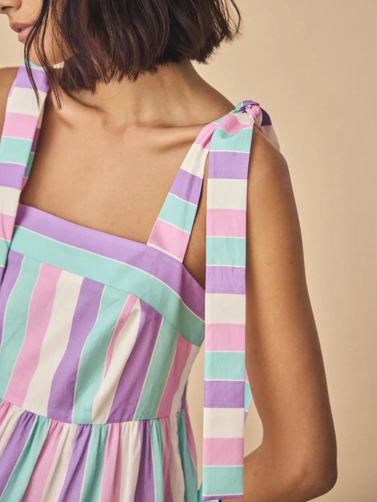 Striped Tiered Maxi Summer Dress with Bow Shoulder Ties - Ladyez