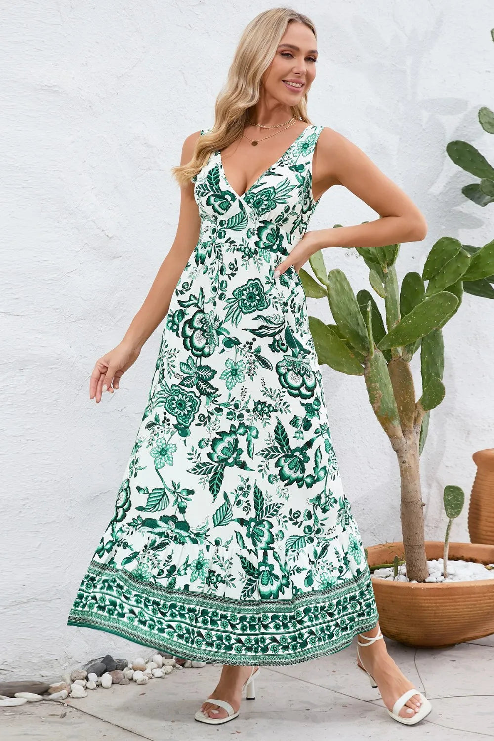 Printed V-Neck Wide Strap Dress - Ladyez