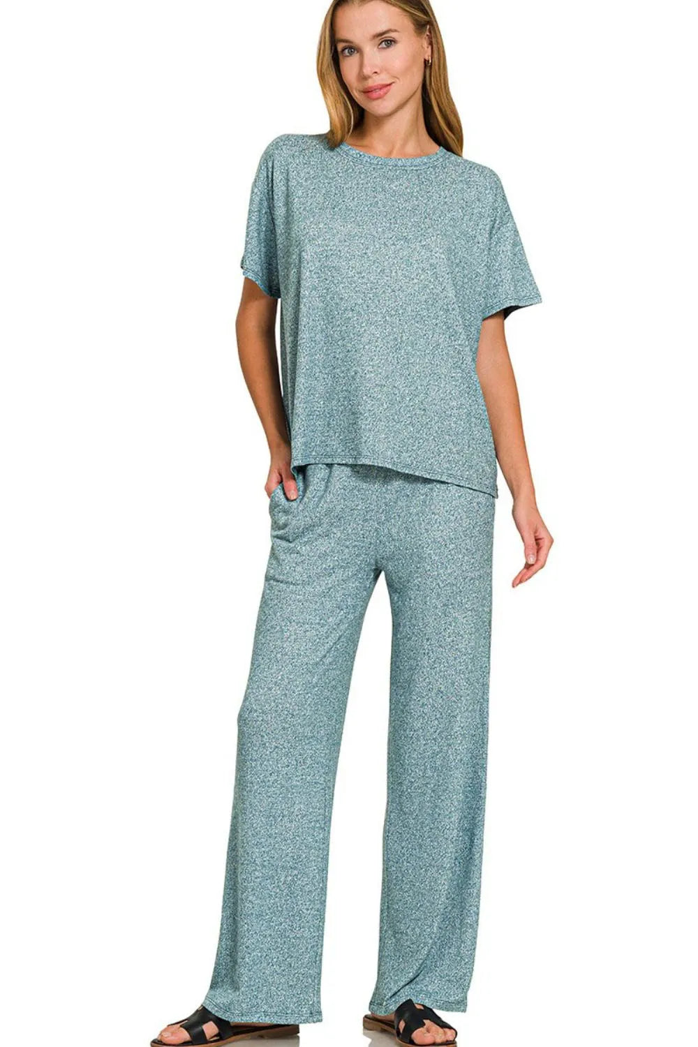 Zenana Soft Melange Short Sleeve Tee & Long Pants Set - Ladyez